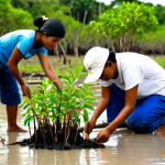 **A vibrant mangrove forest restoration project in Indonesia, showing local community members replanting mangrove seedlings with funding from an international organization.** (Focus: Restoration and community involvement)