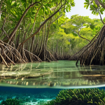 **A breathtaking, detailed shot of a vibrant mangrove forest.** Intricate, arching roots are submerged in crystal-clear tropical water, teeming with colorful young fish, crabs, and diverse marine life. Above the waterline, lush green leaves form a dense, protective canopy under warm sunlight. The image should convey the dual role of mangroves as a flourishing marine nursery and a powerful natural barrier for coastal protection. *High detail, vibrant colors, realistic, peaceful.*