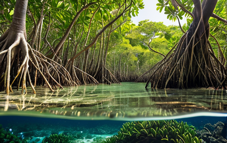 **A breathtaking, detailed shot of a vibrant mangrove forest.** Intricate, arching roots are submerged in crystal-clear tropical water, teeming with colorful young fish, crabs, and diverse marine life. Above the waterline, lush green leaves form a dense, protective canopy under warm sunlight. The image should convey the dual role of mangroves as a flourishing marine nursery and a powerful natural barrier for coastal protection. *High detail, vibrant colors, realistic, peaceful.*