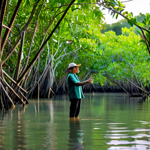A local conservationist, fully clothed in appropriate, modest outdoor attire, stands with a natural pose amidst a vibrant, thriving mangrove forest at sunrise. The person, with perfect anatomy and correct proportions, looks towards the horizon with a hopeful and determined expression, symbolizing dedication to nature. Sunlight filters through the dense canopy, creating a warm, inviting atmosphere. The focus is on the lush green foliage and clear water. Professional photography, high detail, natural light, safe for work, appropriate content, family-friendly, well-formed hands, proper finger count, natural body proportions.