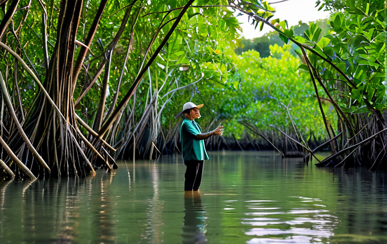 A local conservationist, fully clothed in appropriate, modest outdoor attire, stands with a natural pose amidst a vibrant, thriving mangrove forest at sunrise. The person, with perfect anatomy and correct proportions, looks towards the horizon with a hopeful and determined expression, symbolizing dedication to nature. Sunlight filters through the dense canopy, creating a warm, inviting atmosphere. The focus is on the lush green foliage and clear water. Professional photography, high detail, natural light, safe for work, appropriate content, family-friendly, well-formed hands, proper finger count, natural body proportions.